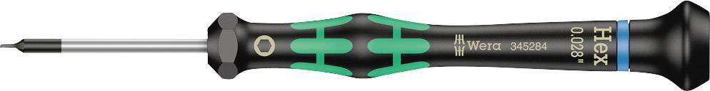 Screwdriver with a green and black handle and a thin tip, with an inscription 'Hex 0.028' beside it. Ideal for precision work.