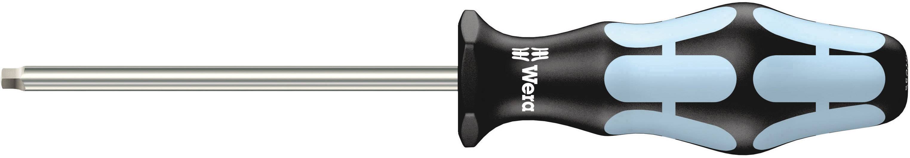 Screwdriver with a black handle and blue accents; metal shaft; taken from the side.