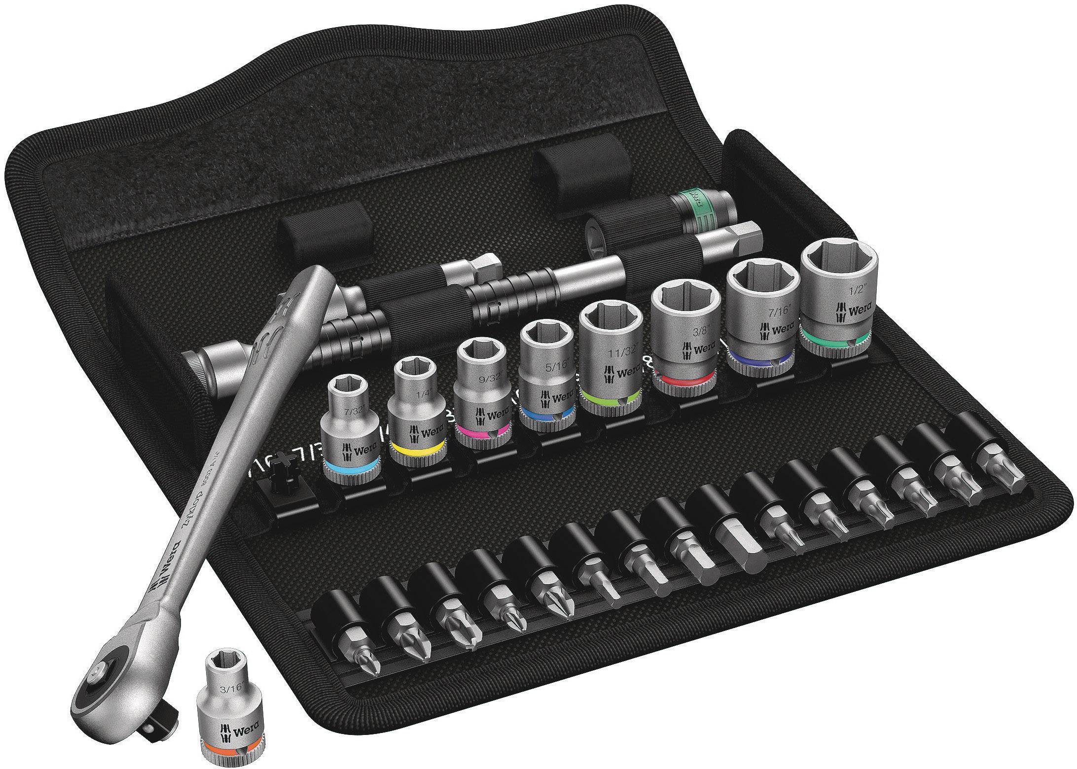 A socket wrench set in an open case. Contains various socket nuts and a ratchet, suitable for repair work.