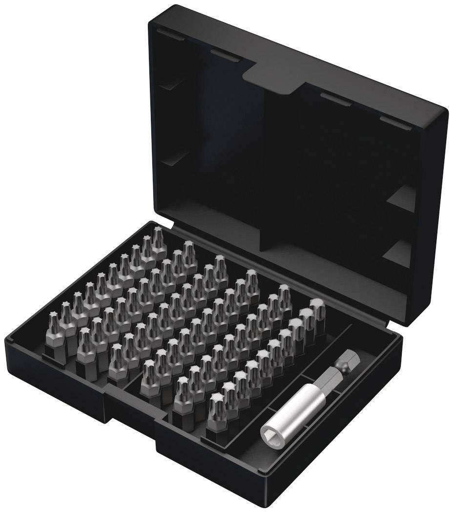 Black case with open lid, containing a set of 40 silver screwdriver bits and a bit holder.