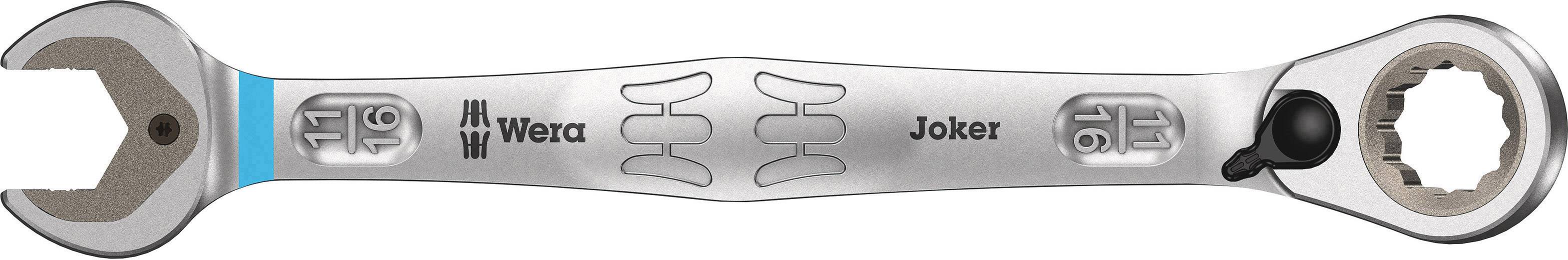 A silver adjustable spanner with open ends, a ratchet function and the 'Wera Joker' logo.