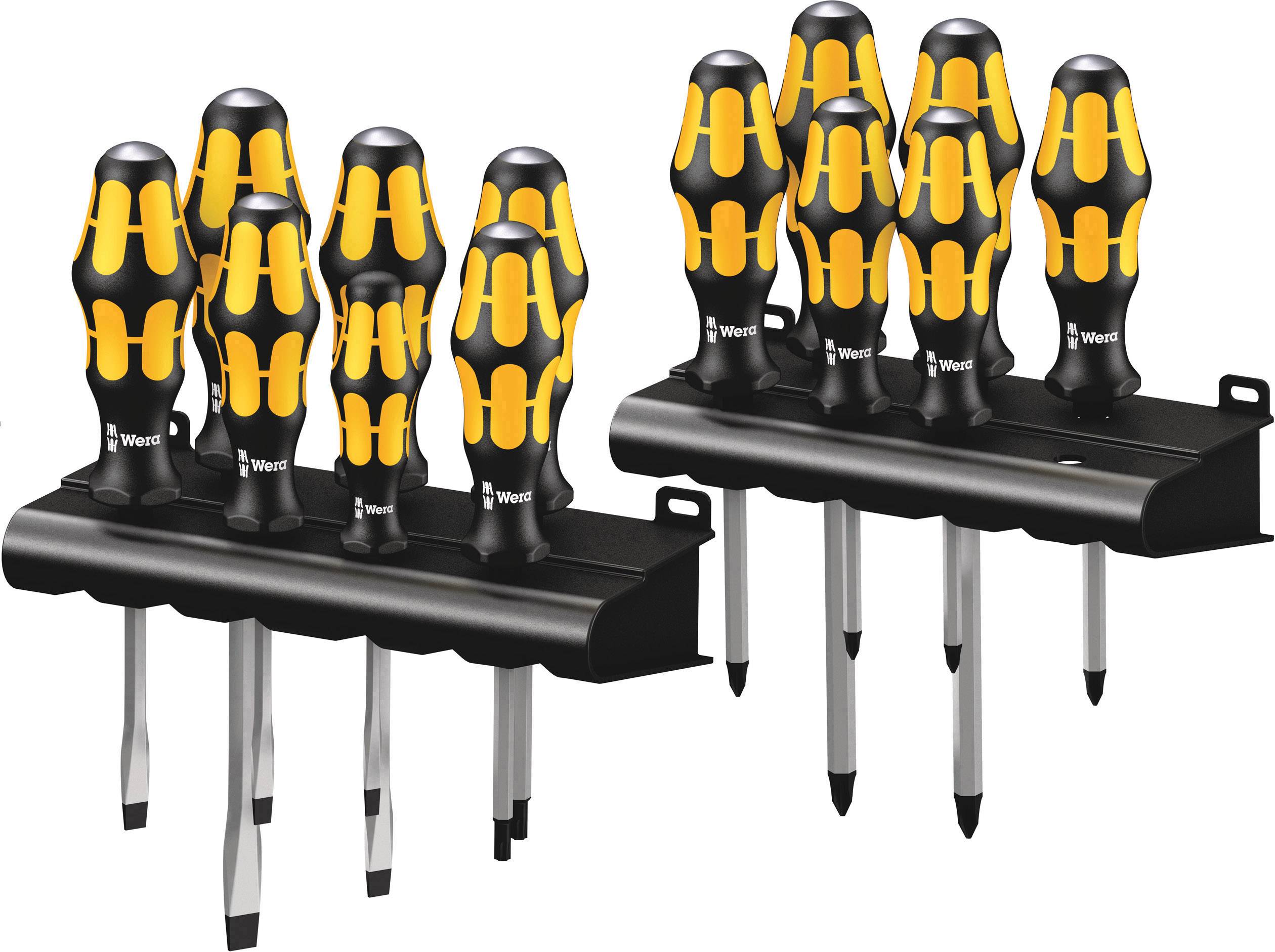 A set of eleven screwdrivers with yellow and black handles in two holders. Includes various types, including flathead and Phillips head screwdrivers.