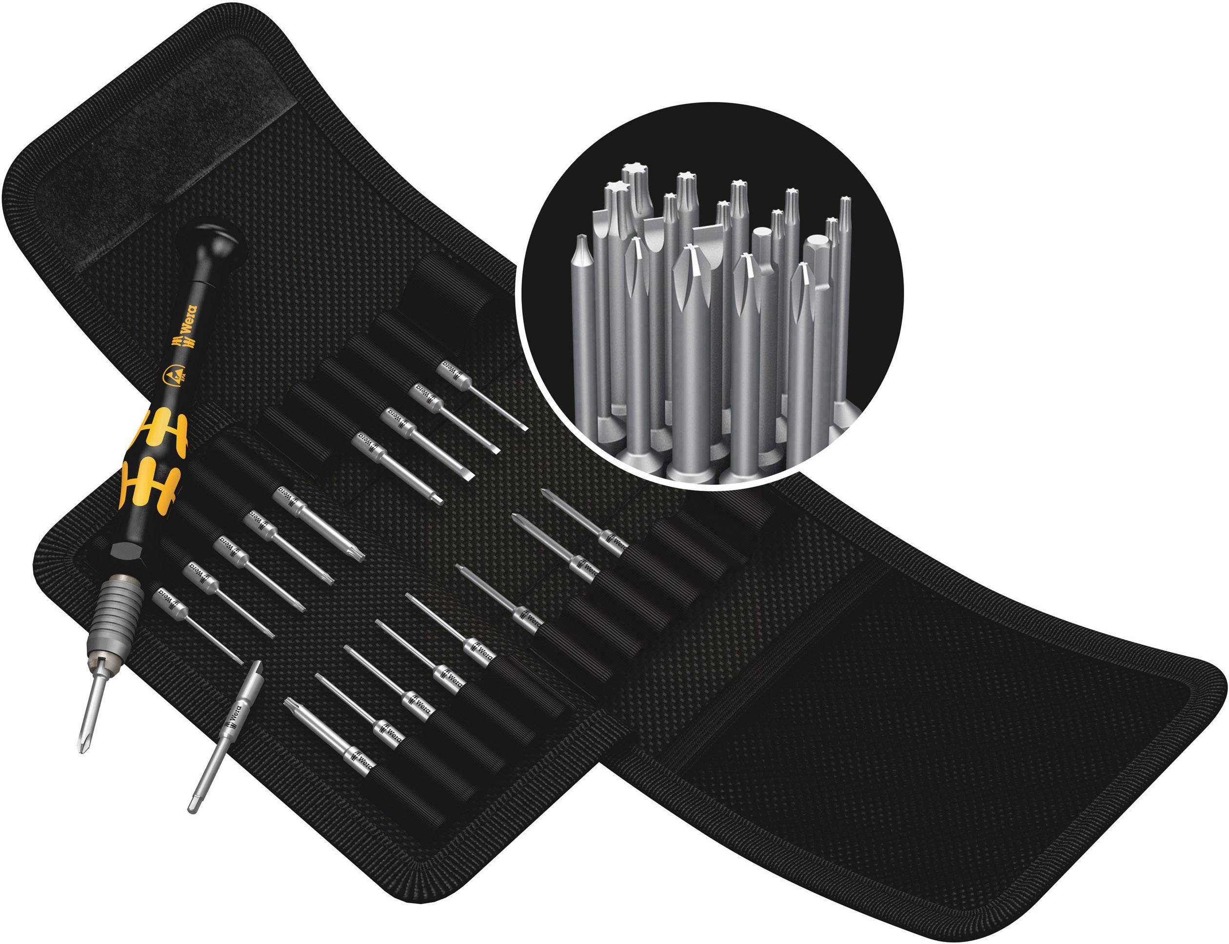 A roll-up bag with various screwdriver bits and an orange-black handle. An enlarged image shows bit tips.