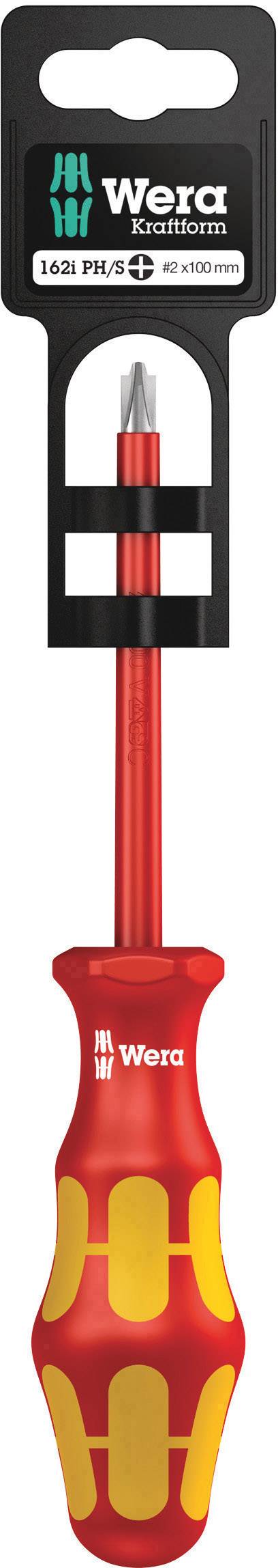 Insulated screwdriver by Wera with a red handle and yellow markings, specifically designed for safe handling of electrical equipment.