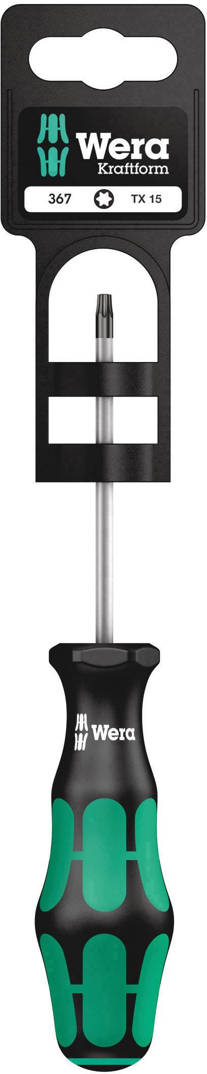 'Wera Kraftform' Torx Screwdriver, Size TX 15. Black handle with green accents. Packaged with hanger at the top.