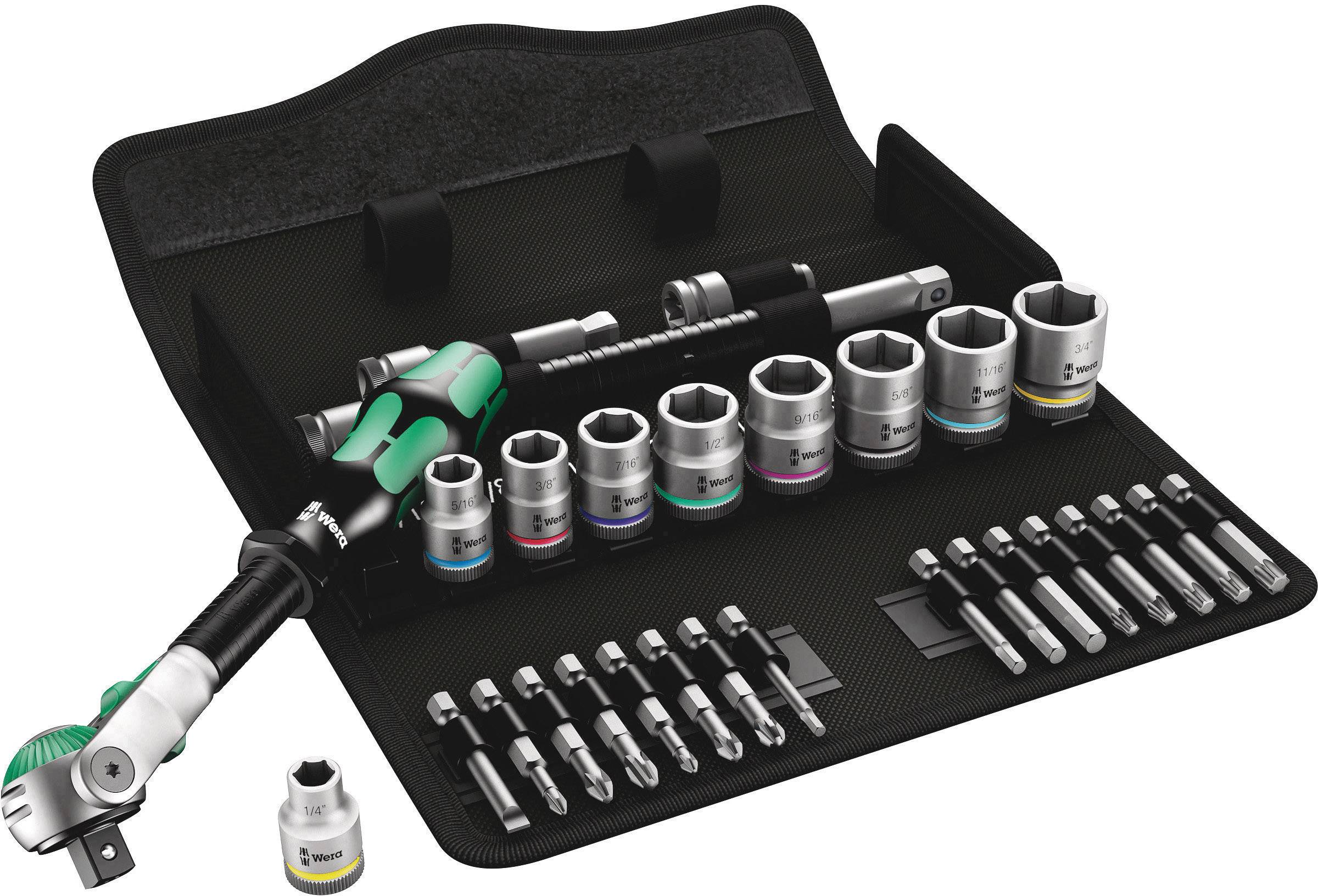 A tool set with a torque wrench, several sockets and bits in various sizes, neatly arranged in an open case.