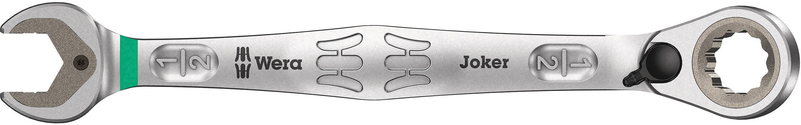 Combination spanner with open and offset sides. 'Wera' and 'Joker' printed on the metal. Unique due to its holding function and stop end.