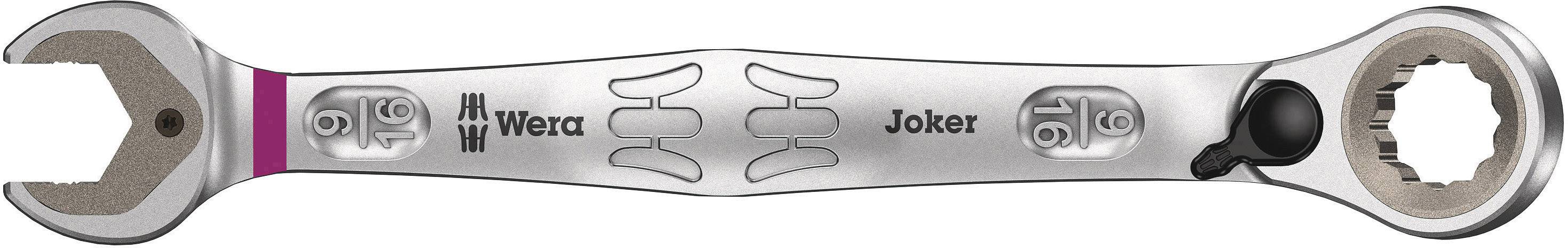 A silver spanner with open and ring ends, marked with 'Wera Joker', shows the brand's logo.