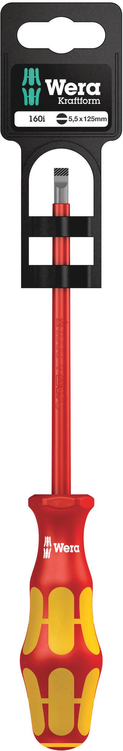 Screwdriver with red and yellow handle, brand 'Wera'. Suitable for slotted screws. Packaging shows '100', size 0.6x3.5x80mm.