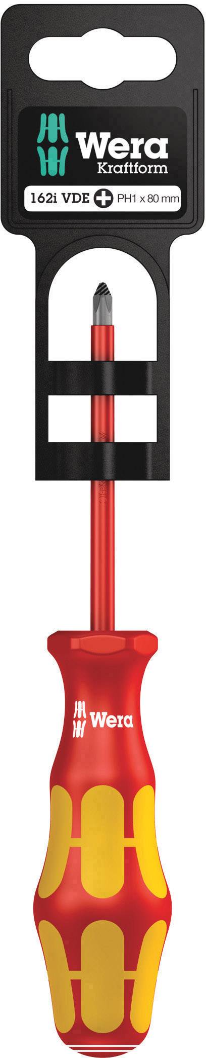 Screwdriver with red handle and yellow accents. At the top it reads 'Wera Kraftform 162i VDE PH 1 x 80 mm'.