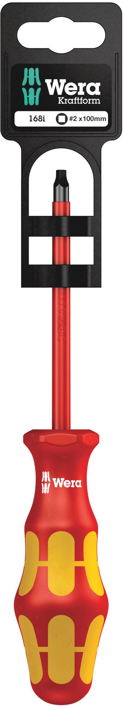 Wera screwdriver with a red handle and yellow details. PZ2 tip, length 100 mm. Suitable for cross-head screws. Packaging on top.