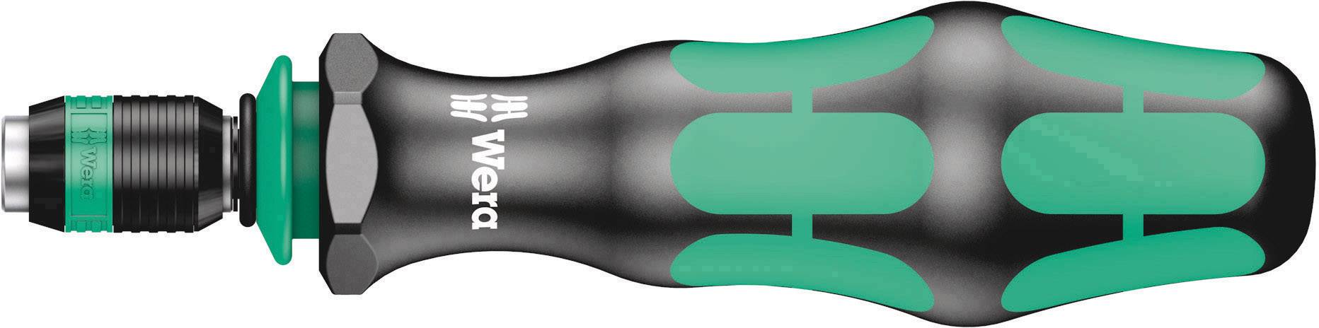 An ergonomic screwdriver handle with green and black diamond patterns for improved grip, by the brand Wera.