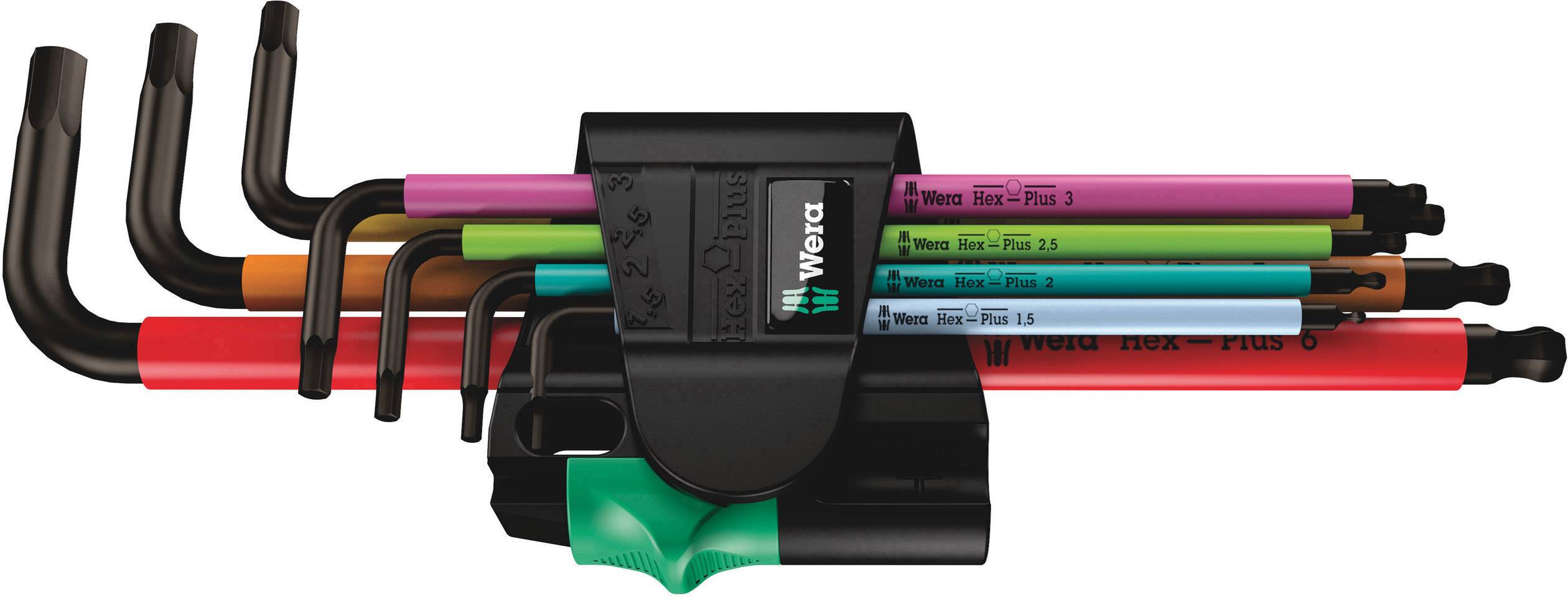 Set of colourful hex keys with holder, illustrated in red, orange, green and other colours, for use in workshop or DIY supplies.
