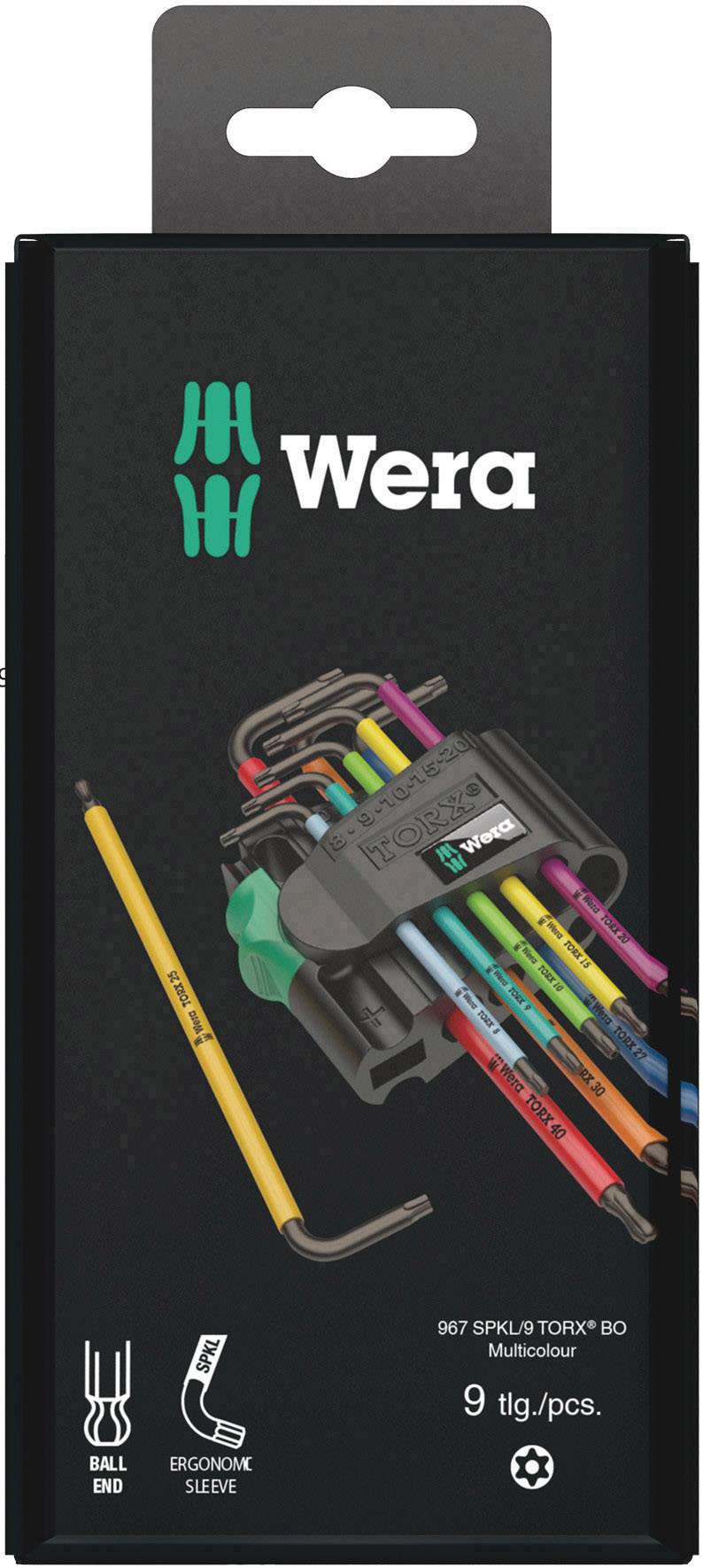 Packaging for a 9-piece Wera hexagonal Allen key set in various colours, with holder and ball-end design.