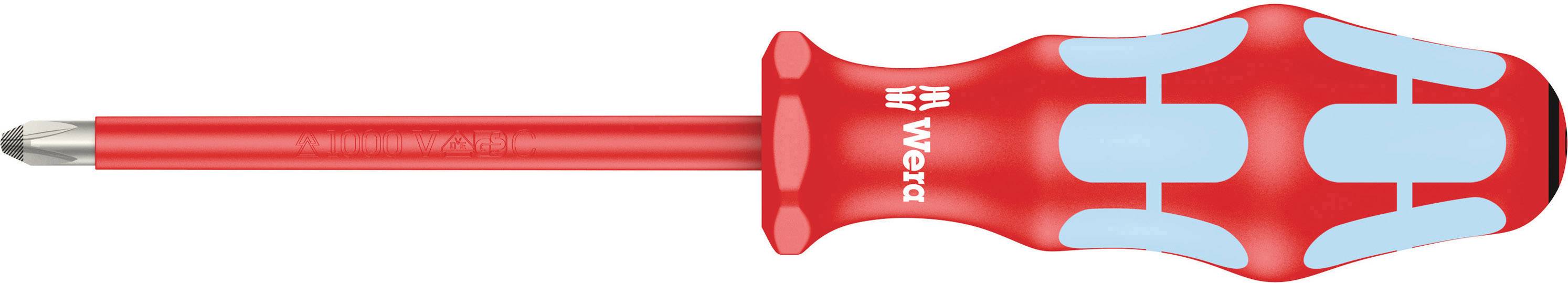A red screwdriver with a blue handle by Wera, suitable for cross-head screws. Ideal for precision work.