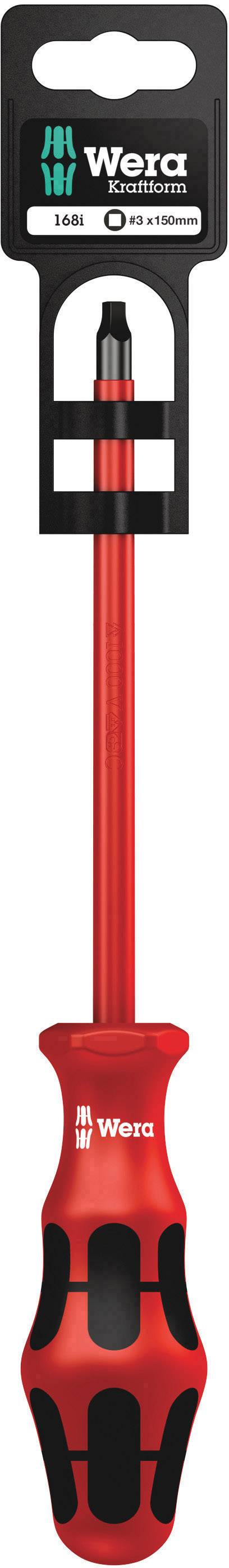 Wera screwdriver with a red handle and black pattern, suitable for PZ1 screws. Packaged in a plastic holder.