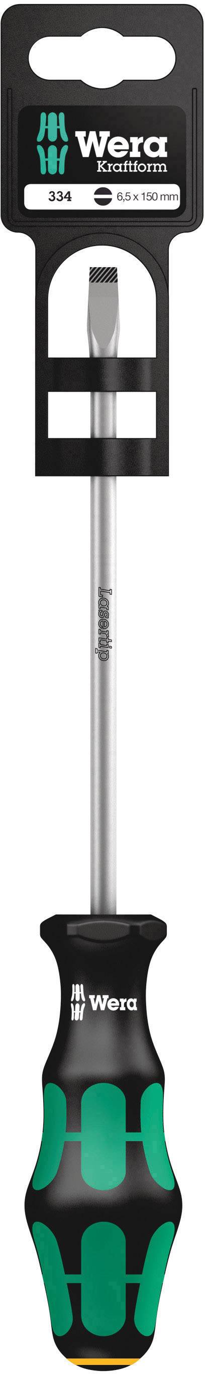 Wera screwdriver with green and black handle and slotted blade. Hanging on a black packaging with logo and text details.