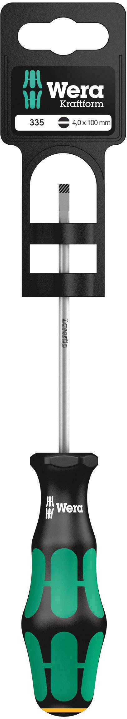 Wera screwdriver with green-black handle and black packaging. Model number '335' and size '4.0 x 100 mm' displayed.