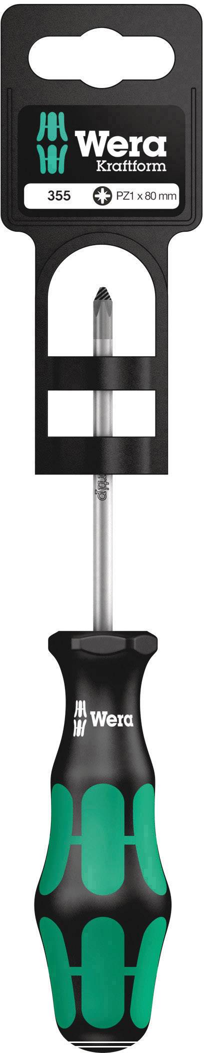 Screwdriver by Wera with green-black handle and cross-head blade. Packaging label: 'Wera Kraftform 355 PZ2 x 100 mm'.