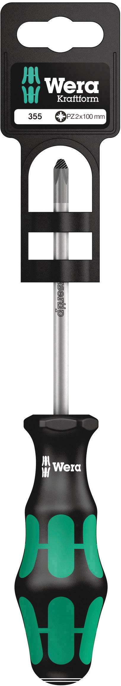 Wera screwdriver with green and black handle, Phillips head, 100 mm length, model number 355. Packaging displays brand and details.