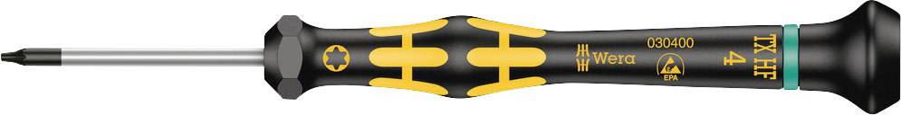 A Torx screwdriver with a black, ergonomic handle and yellow accents. Tip pointing to the left, handle pointing to the right.