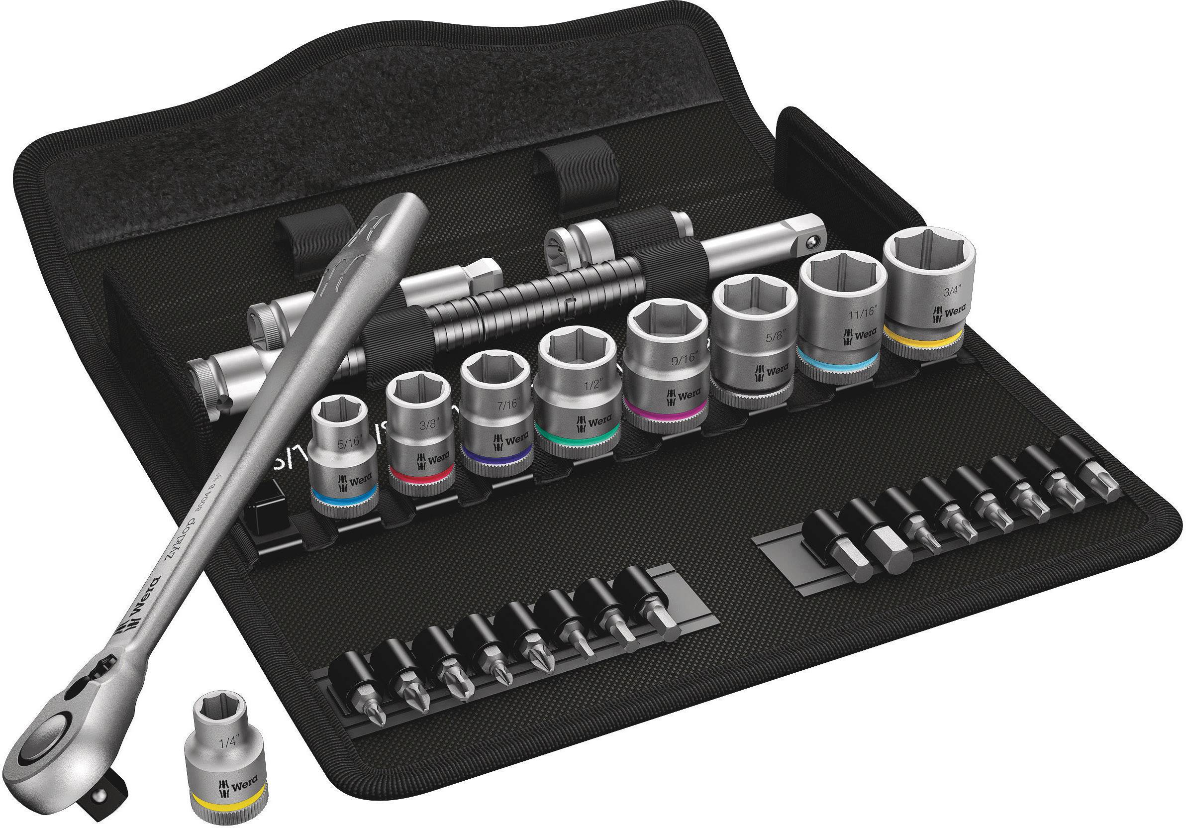 Ratchet tool set with various sockets and bits. Includes a ratchet, extensions, and colour-coded nuts in a bag.