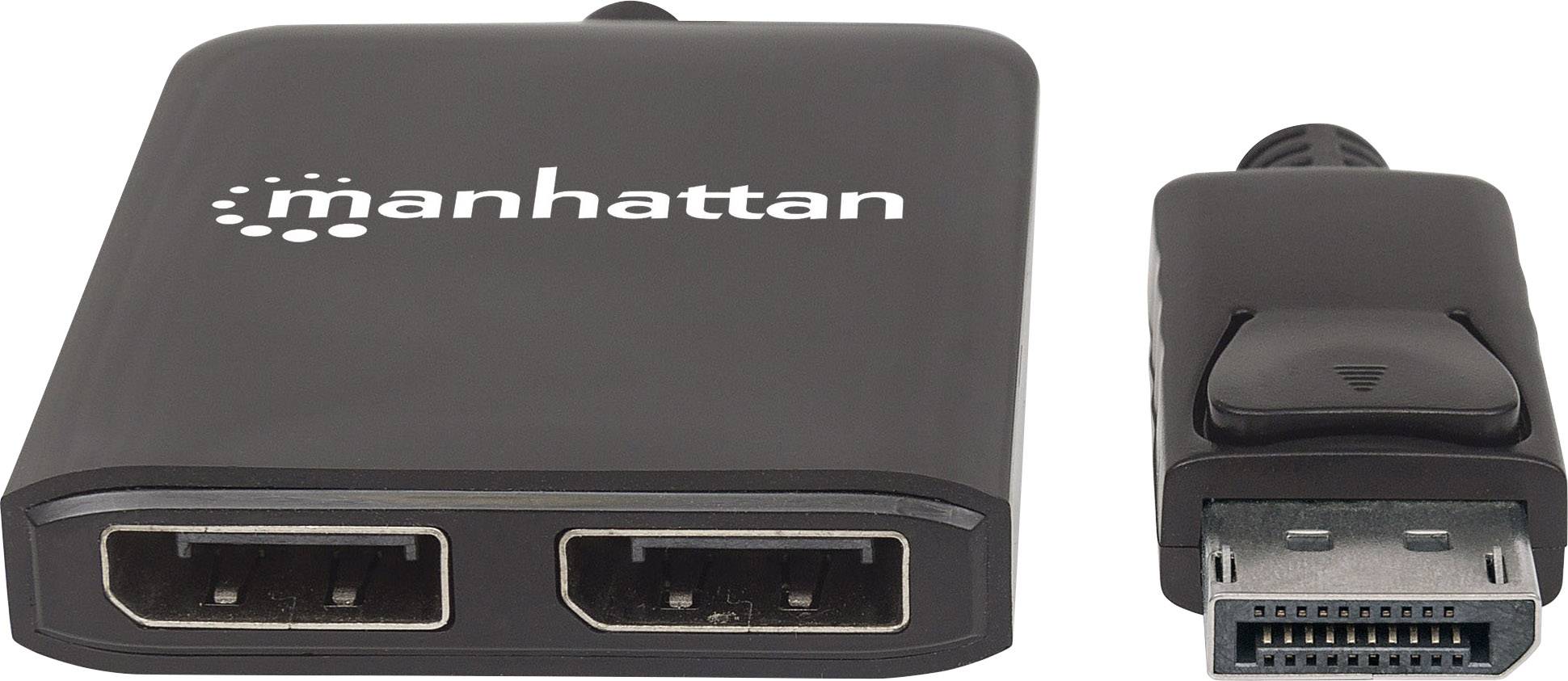 A Manhattan DisplayPort to HDMI adapter with two HDMI ports, suitable for connecting DisplayPort devices with HDMI cables.