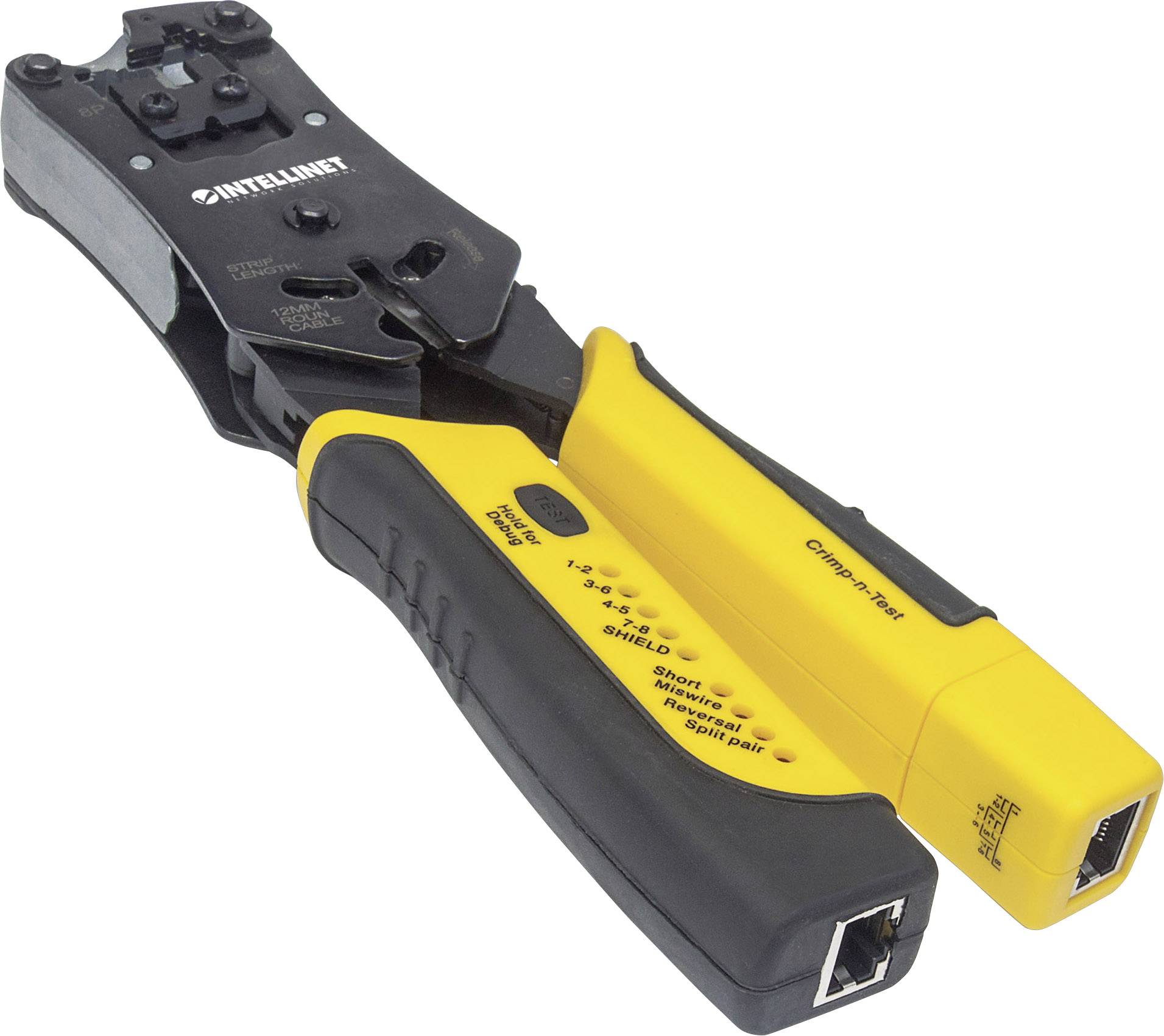 Network crimping pliers with yellow and black handles, suitable for crimping RJ45 connectors.