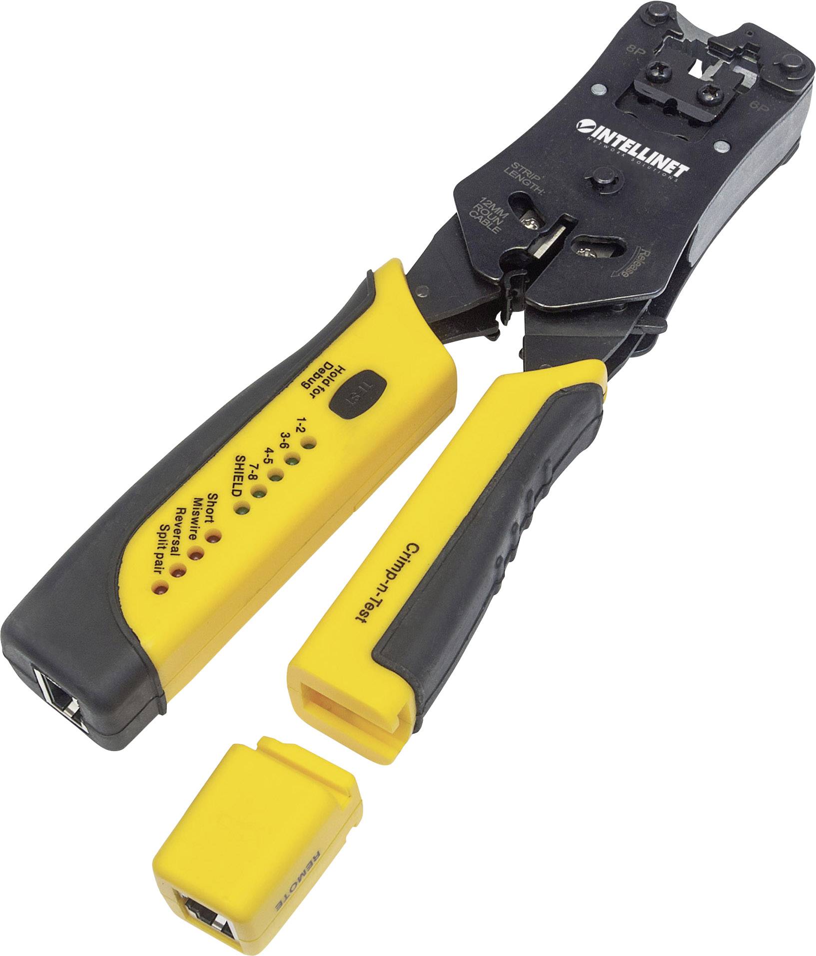 Network crimping tool with yellow handle, ideal for connecting Ethernet cables. Also includes tester for connection verification.