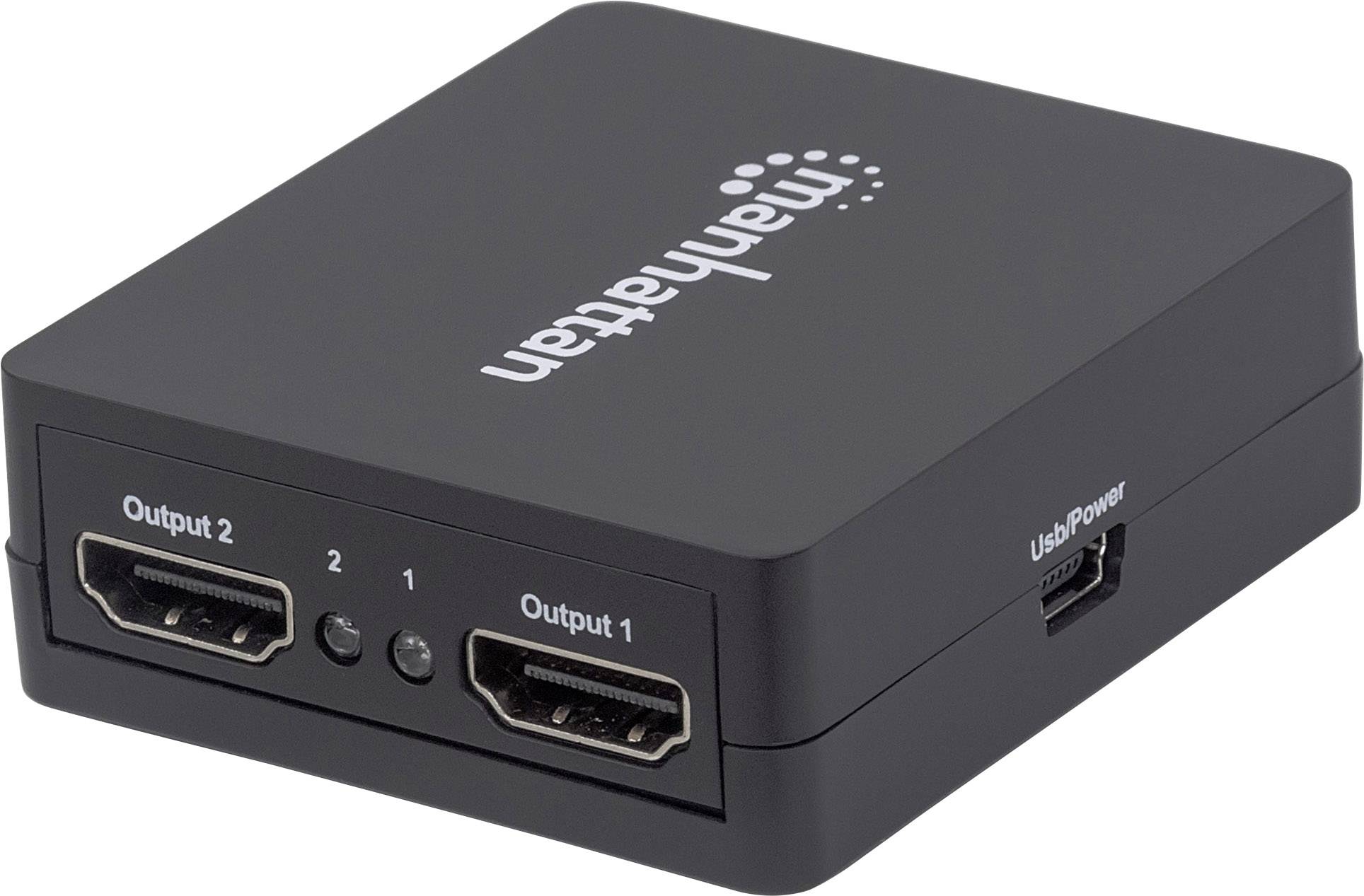 A HDMI splitter with two outputs and a USB power connection. Brand name visible on the top surface. Compact and simple design.