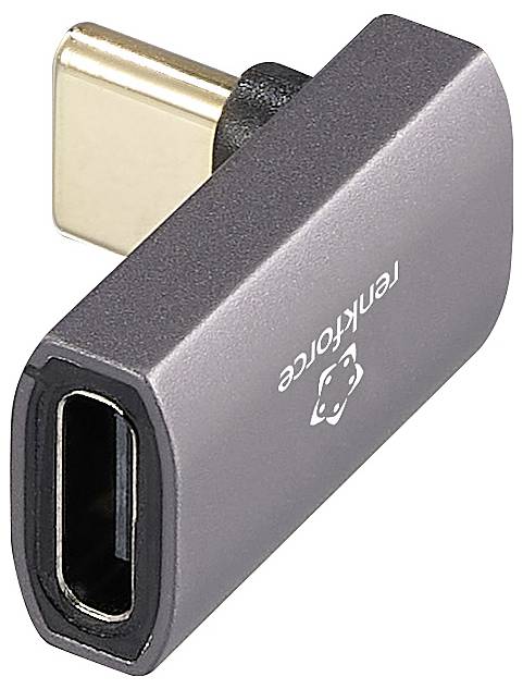 USB-C to USB-A adapter in close-up, grey housing with silver lettering, compact and portable, used to connect older devices.