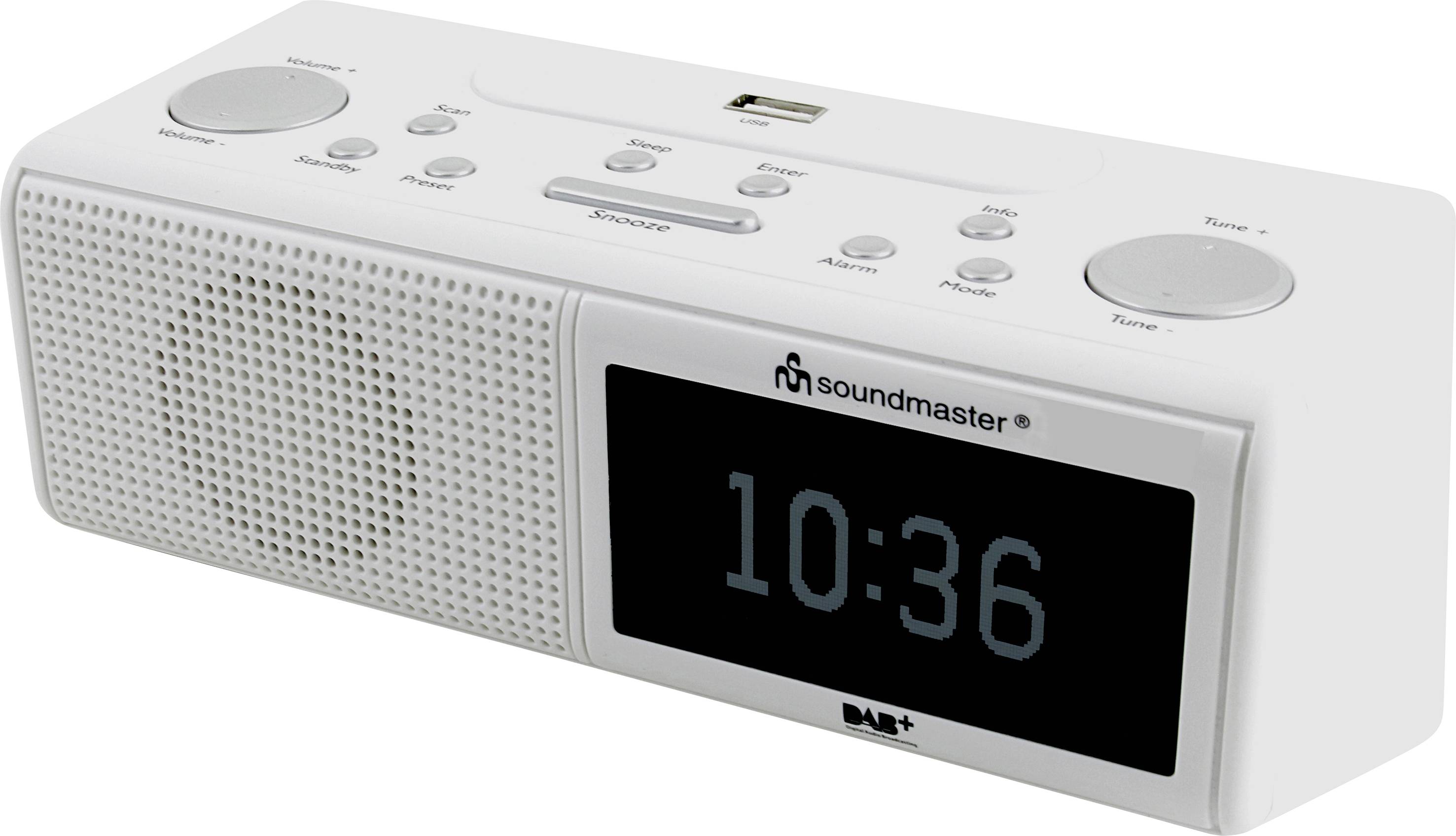 A white digital radio clock shows the time as 10:36. At the top are control buttons for the radio and alarm functions.