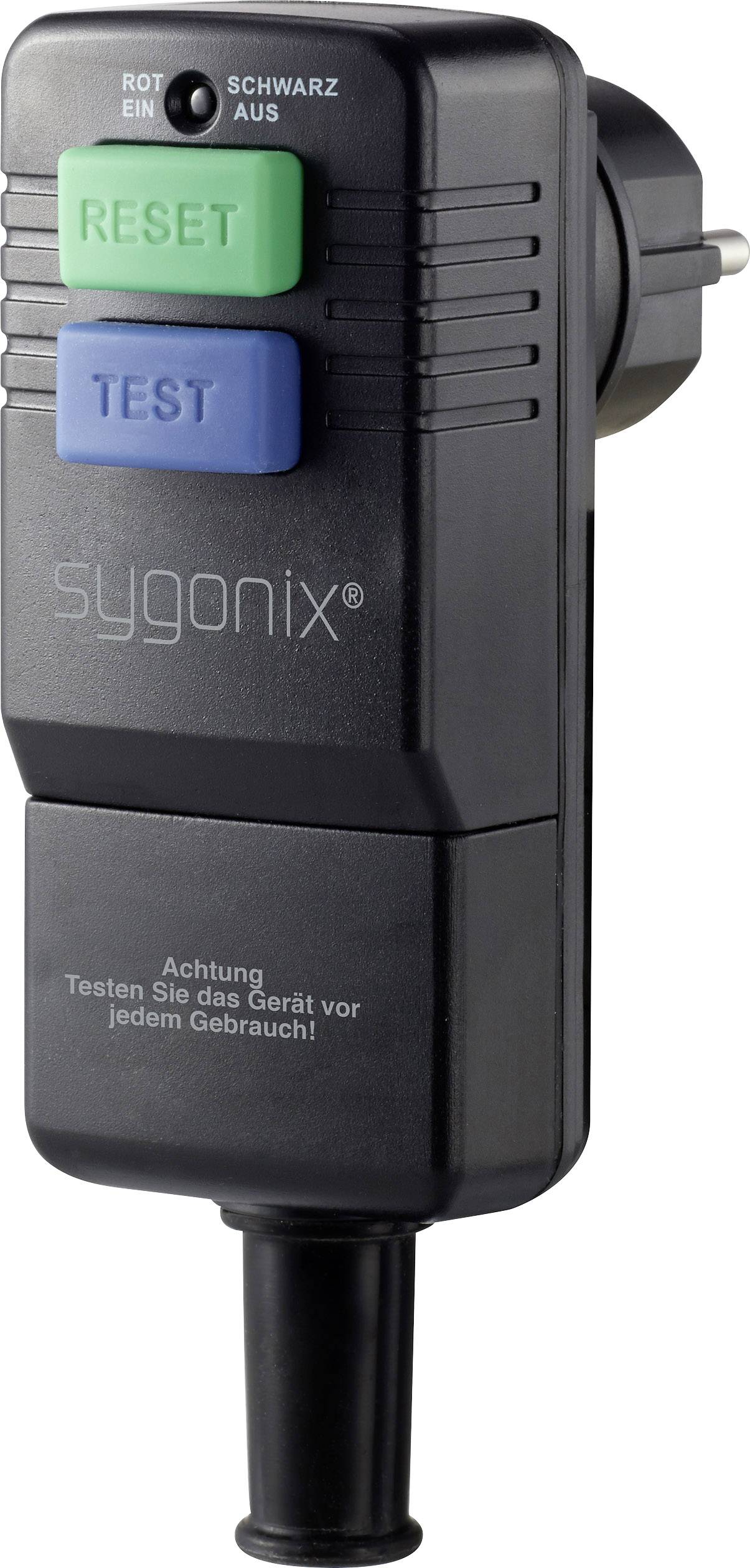 An electronic device with two buttons, 'Reset' and 'Test', and a plug. Text in English: 'Warning: Test the device before each use!'