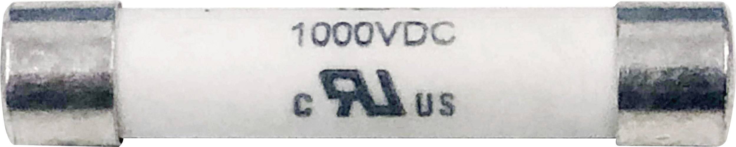 A white cylindrical fuse marked '1000VDC', surrounded by two metallic end caps.