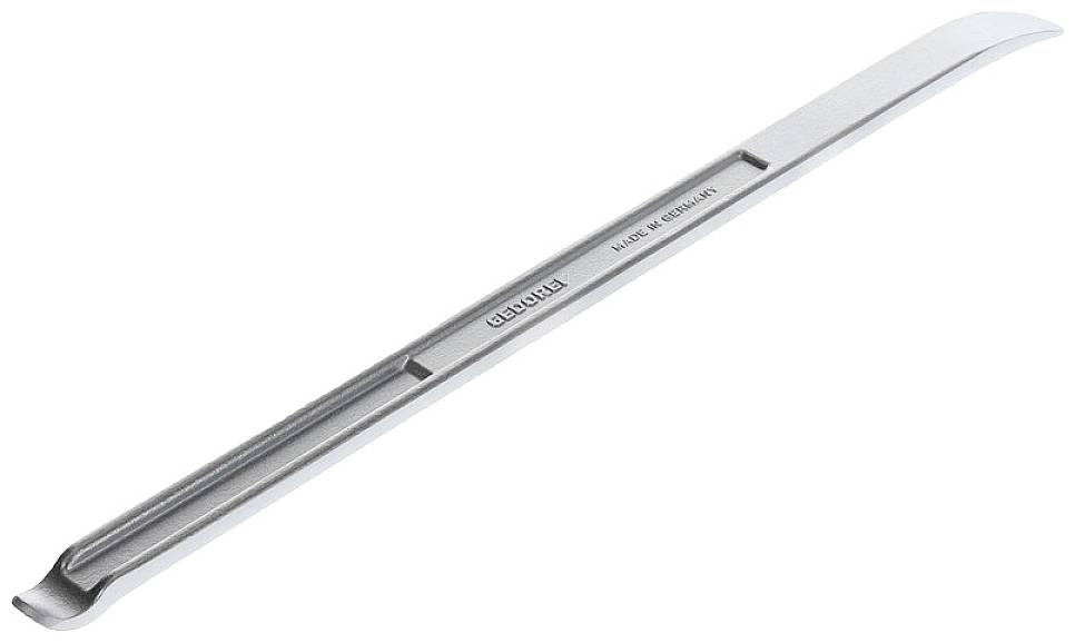 A metallic tool with a narrow handle, a curved and flat end, likely for professional applications or precision work.