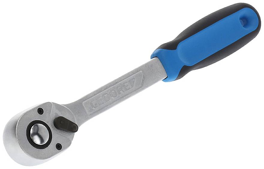 Ratchet with blue-black plastic handle and silver metal body, brand name visible on the handle.