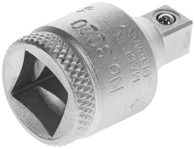 Metal connecting piece with a square internal thread and embossings 'Made in Germany' and 'No. 3020'.