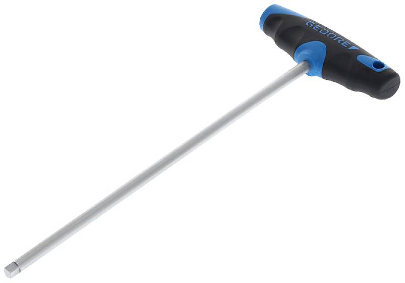 A T-handle hex key with a blue-black grip and long shaft.