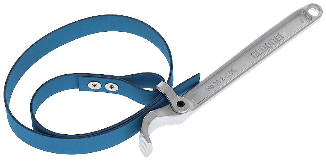 Metallic oil filter wrench with blue strap, suitable for removing oil filters in various vehicles and machines.