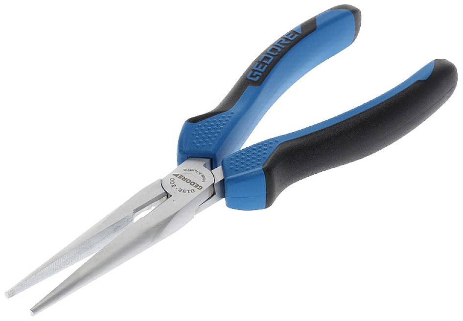 A long, narrow pair of pliers with blue and black handles. They are frequently used for gripping or holding small objects.