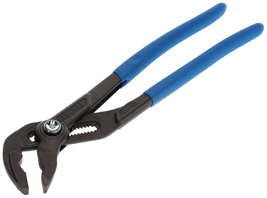 Water pump pliers with blue handles, opened and lying flat. Ideal for gripping and installation work in plumbing.
