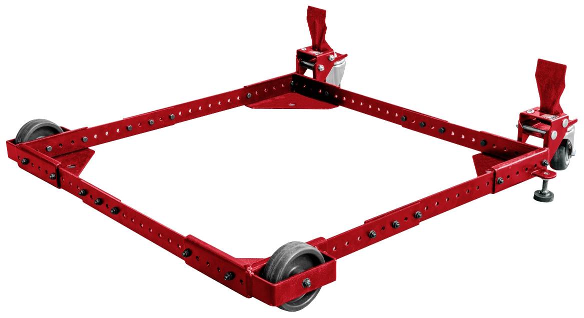 Red, adjustable wheeled frame with four wheels; suitable for carrying heavy loads in workshops.