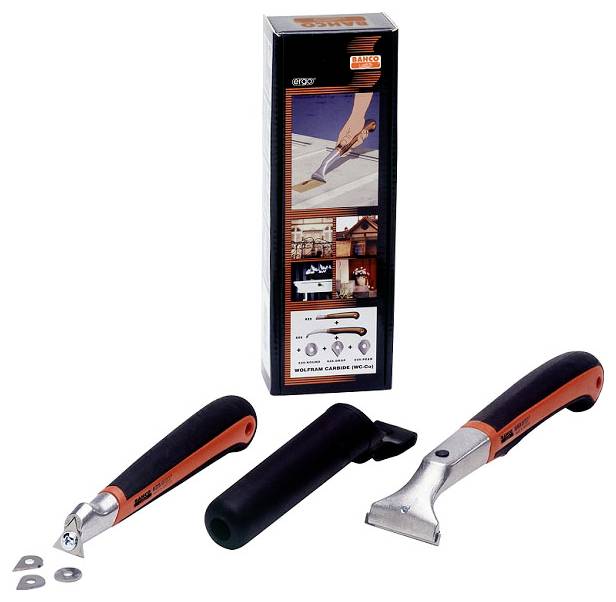 'Bahco' colour scraper set with ergonomic handles, replacement blades and packaging with pictures demonstrating the application and functions.
