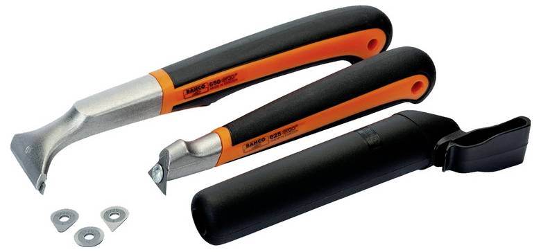 Three specialist colour scrapers with black handles and orange details, including blades and replacement blades, on a white background.