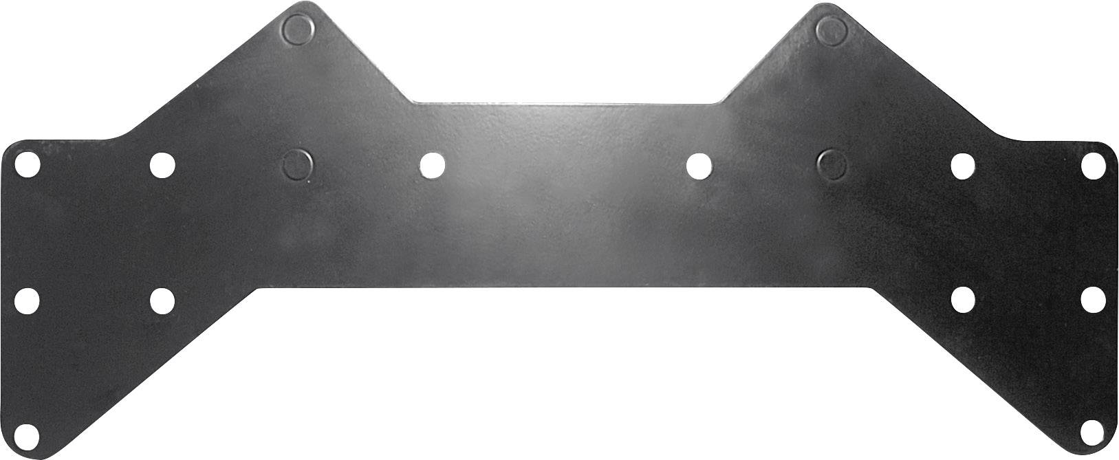 Black metal plate with multiple holes in a symmetrical arrangement.