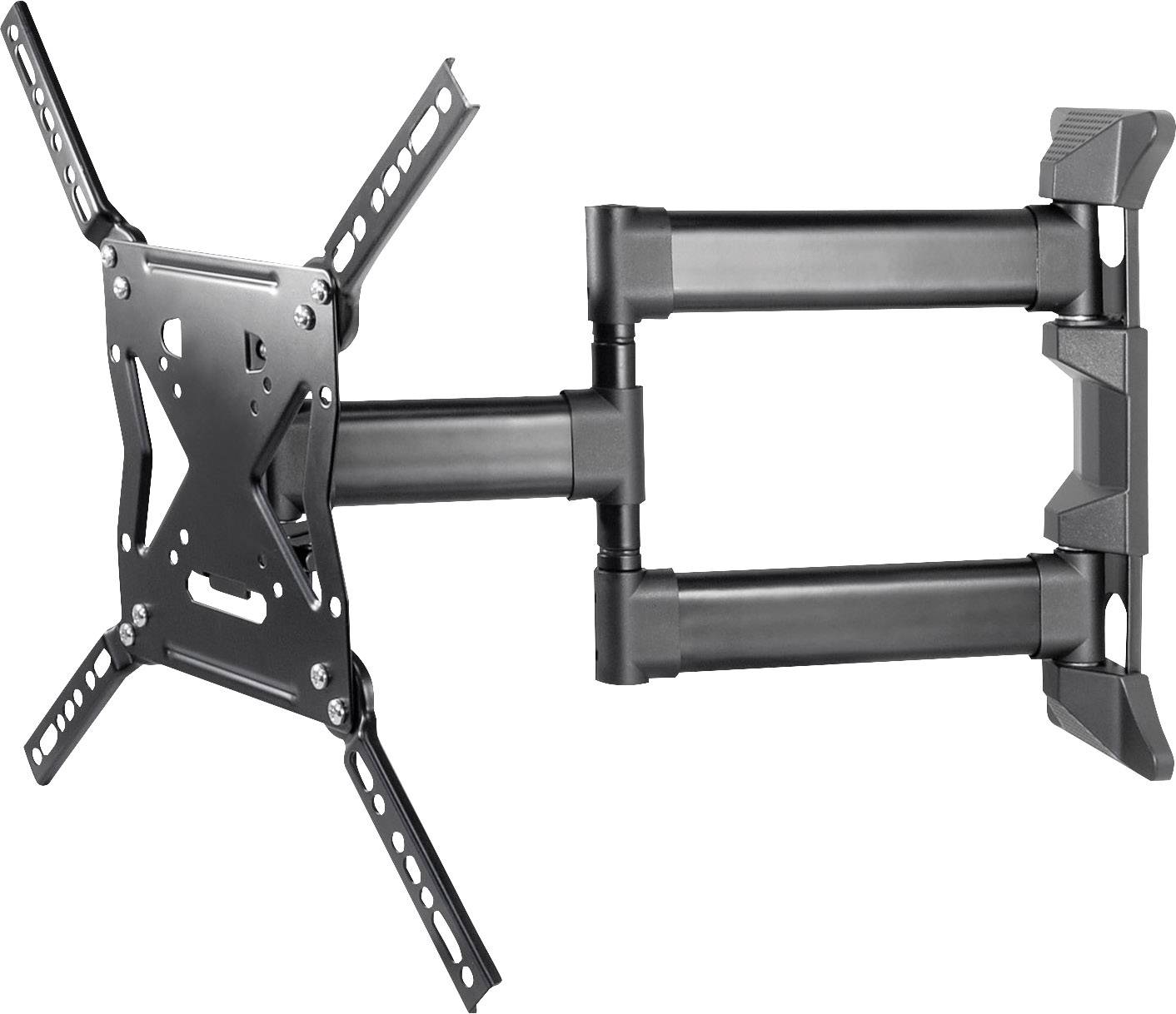 Black, adjustable TV wall mount with four arms and mounting rails. Suitable for various screen sizes.