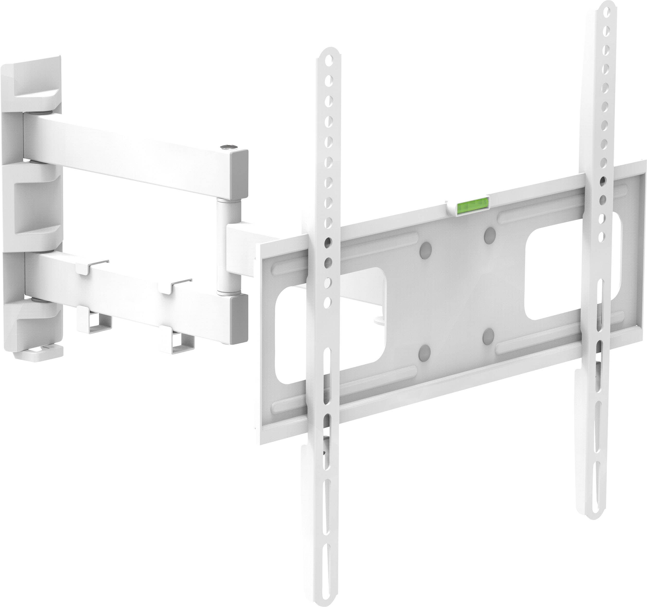 White, adjustable wall mount for flat-screen televisions, mounted on a wall, showing articulated arm for flexible TV positioning.