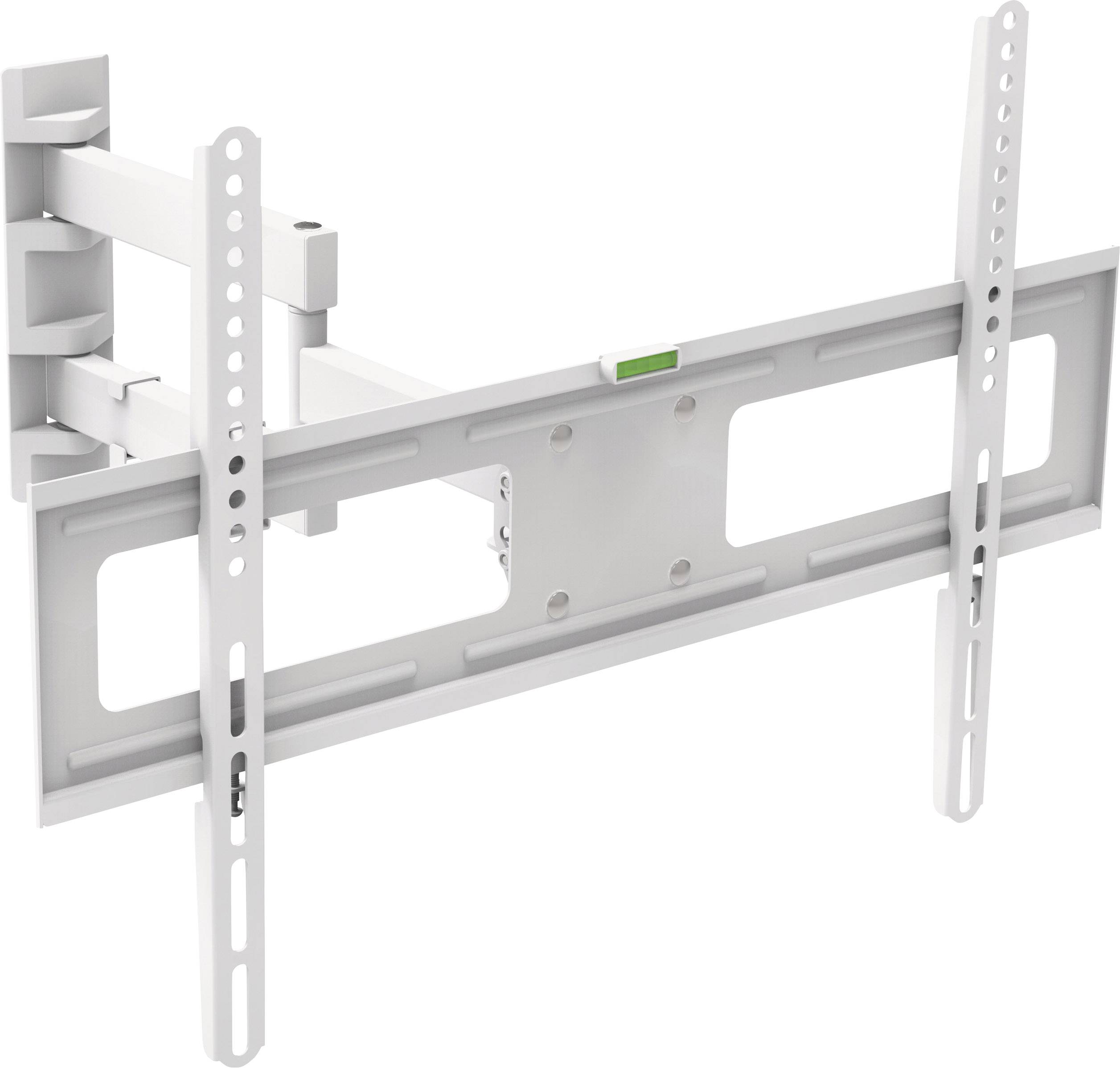 White TV wall mount with adjustable arm and spirit level, suitable for mounting televisions on the wall.