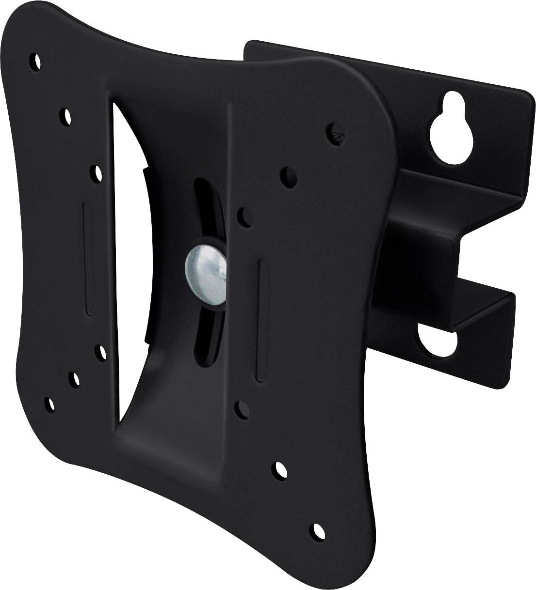 A black, tiltable wall mount for flat screen displays with VESA compatibility. Suitable for small to medium-sized monitors.