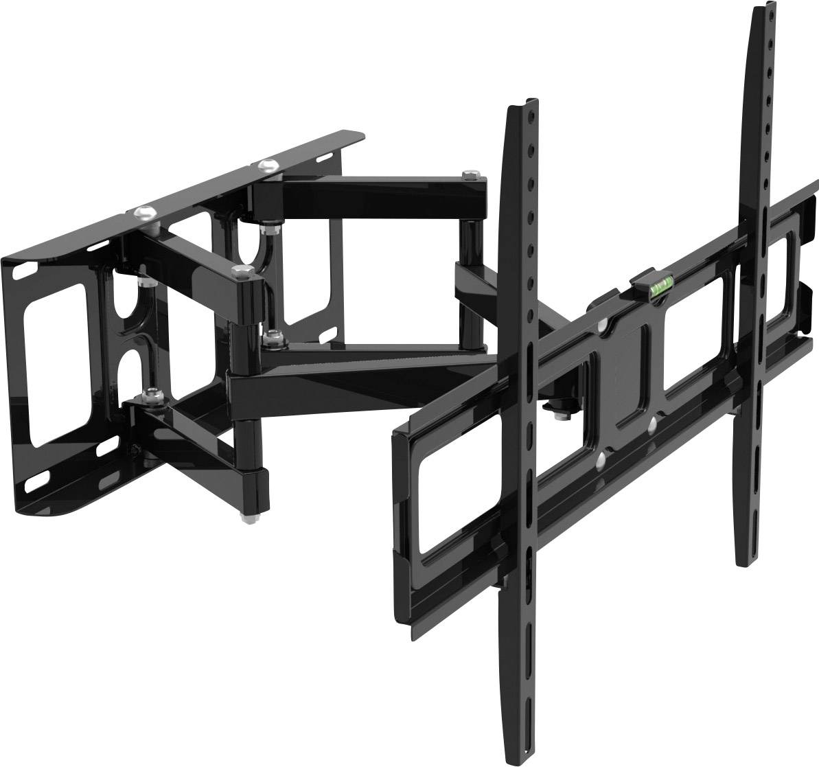 Swivel TV wall mount in black metal, suitable for large screens. Multiple joints allow flexible positioning.